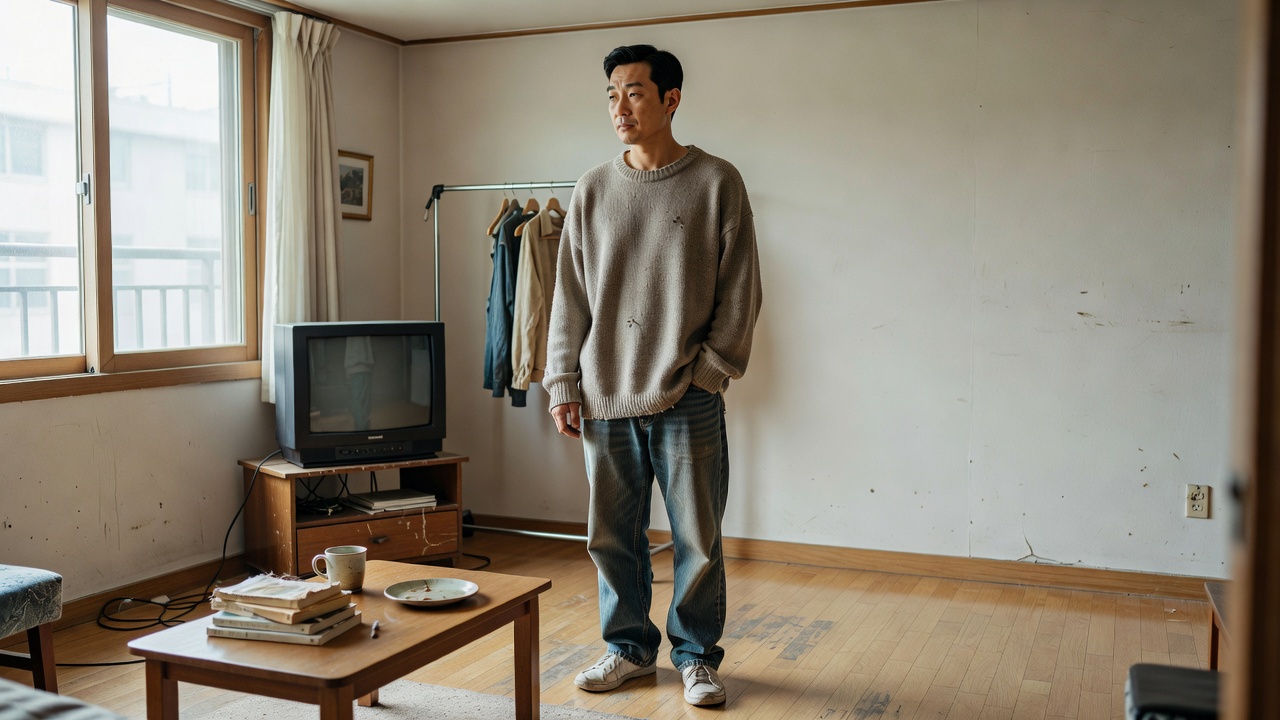 늙어 보이는 옷을 입은 30대 남성의 일상적인 모습